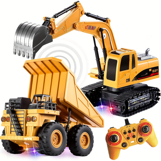 2pcs Youngsters' Construction Vehicle Toy Set with Remote Control - Friction-Powered, Safe ABS Excavator & Dump Truck with Lights and Sounds - Yellow, 11-Channel Functions, Ideal for Imaginative Play & Birthday Gifts, Car Toys