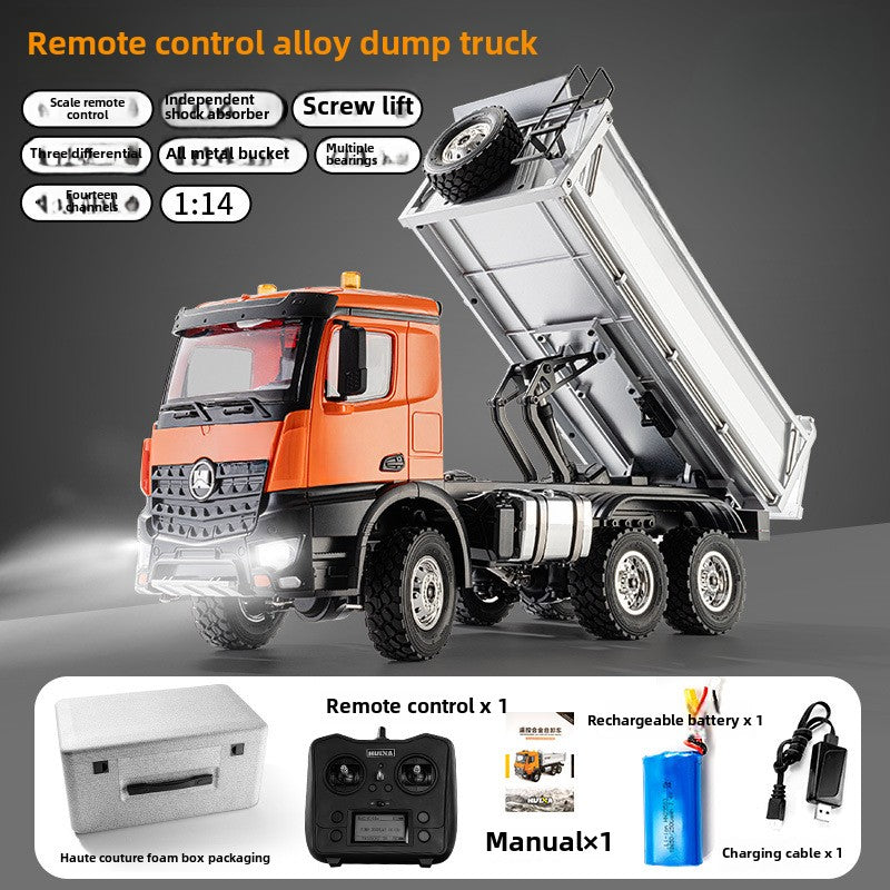 598 Full Proportion 1:14 Light Fourteen Channel Alloy Remote Control Dump Truck Engineering Transporter Toys